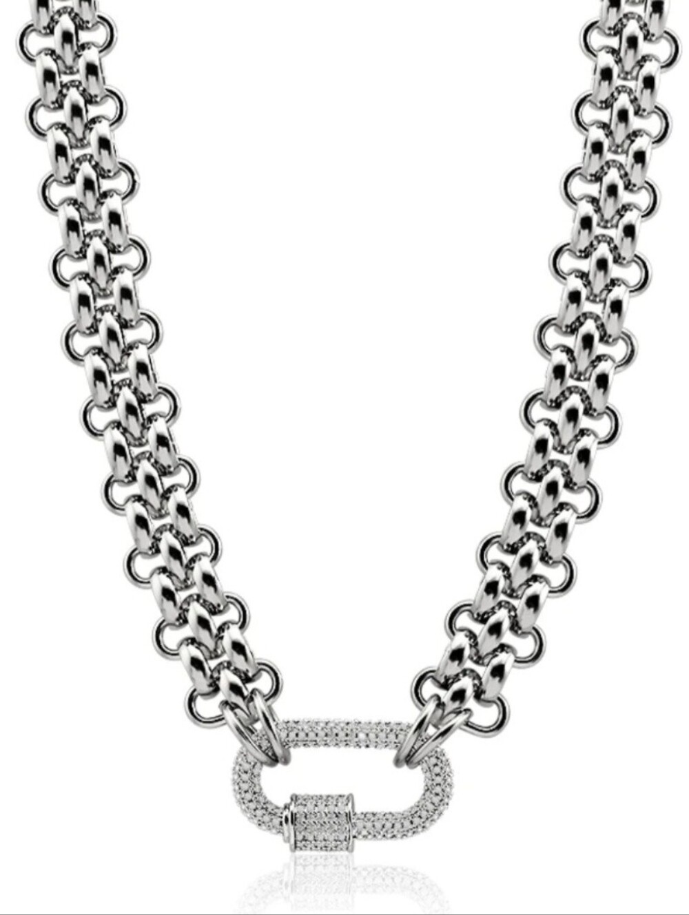 🩶🩶NEW🩶🩶 GORGEOUS!! IP SILVER Plated & SS 3 ROW Rolo & CZ Carabiner Necklace